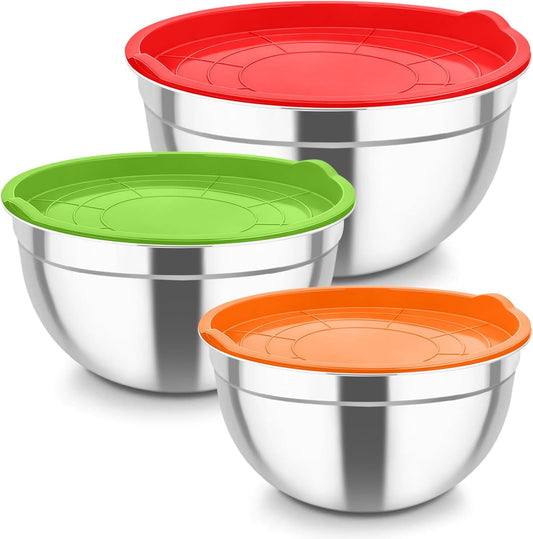 Mixing Bowls, Stainless Steel Nesting Salad Bowls & Airtight Lids | For Serving/Mixing/Storing, Healthy & Long-lasting, Dishwasher Safe & Easy Clean, 4.6/3 / 1.5 QT, Colorful