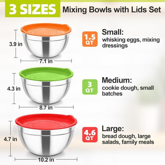 Mixing Bowls, Stainless Steel Nesting Salad Bowls & Airtight Lids | For Serving/Mixing/Storing, Healthy & Long-lasting, Dishwasher Safe & Easy Clean, 4.6/3 / 1.5 QT, Colorful