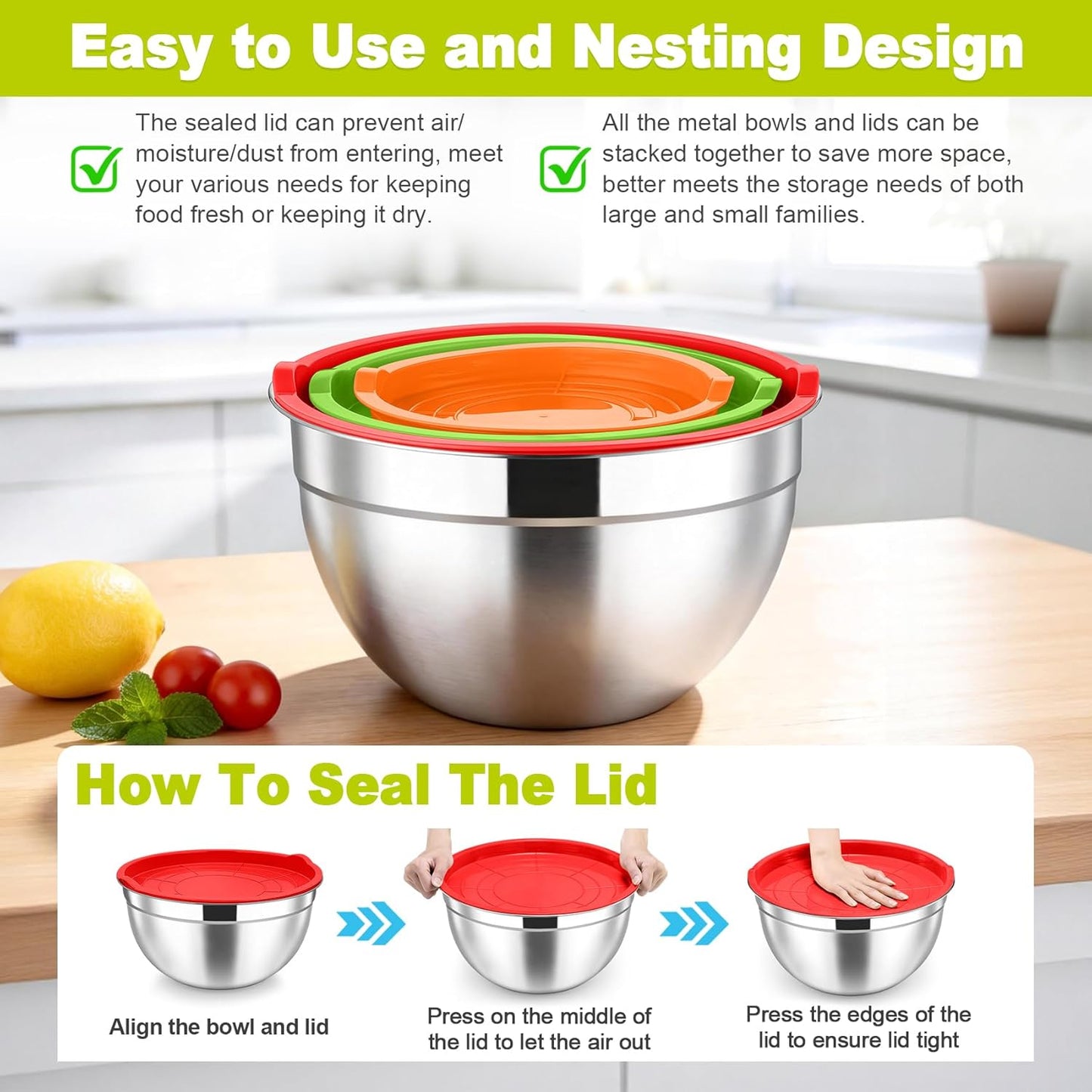 Mixing Bowls, Stainless Steel Nesting Salad Bowls & Airtight Lids | For Serving/Mixing/Storing, Healthy & Long-lasting, Dishwasher Safe & Easy Clean, 4.6/3 / 1.5 QT, Colorful