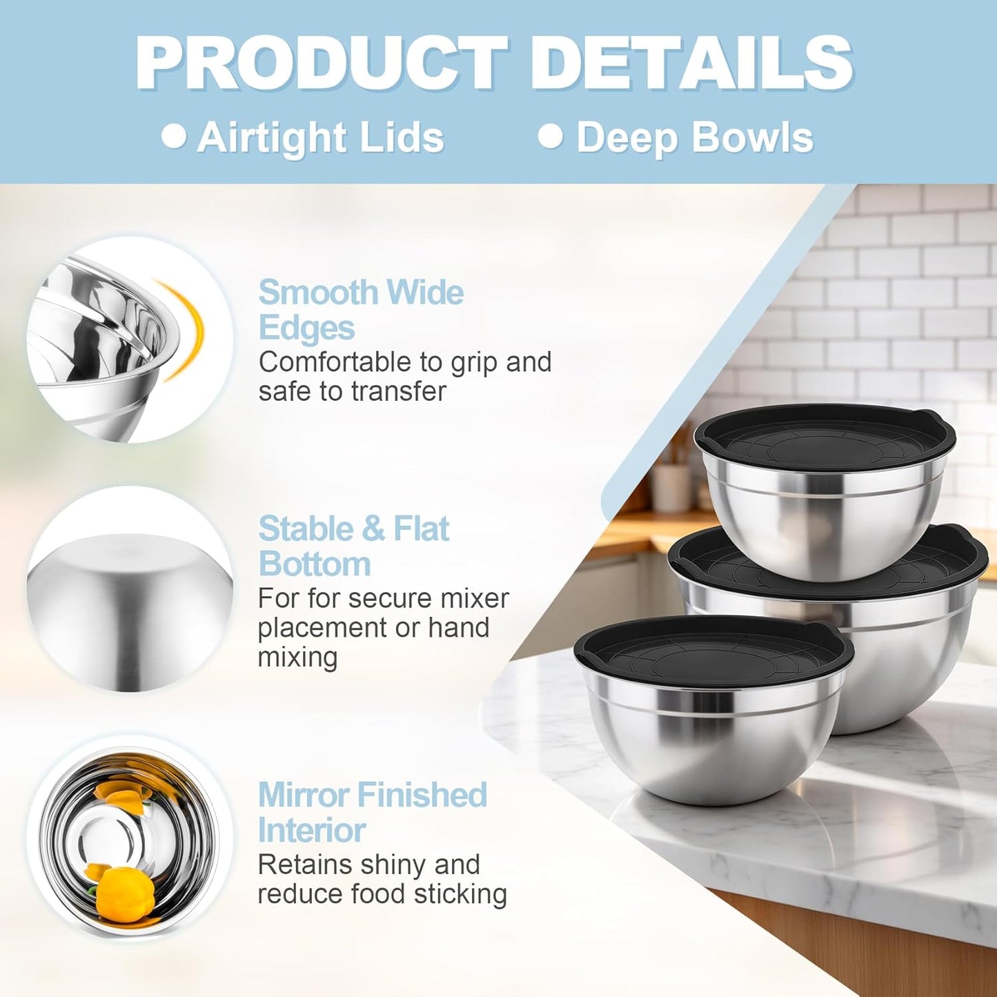 Mixing Bowls, Stainless Steel Nesting Salad Bowls & Airtight Lids | For Serving/Mixing/Storing, Healthy & Long-lasting, Dishwasher Safe & Easy Clean, 4.6/3 / 1.5 QT, Colorful