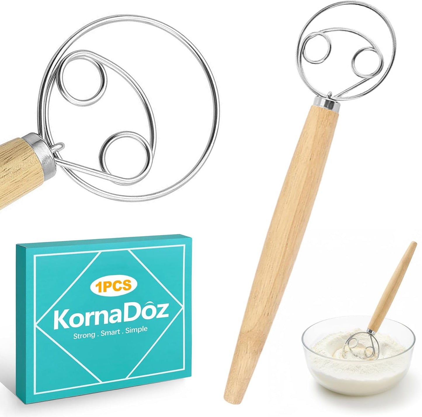 Danish Dough Whisk - Stainless Steel Hand Mixer with Wooden Handle, Essential Baking Tool for Sourdough, Artisan Bread & Pastry Dough