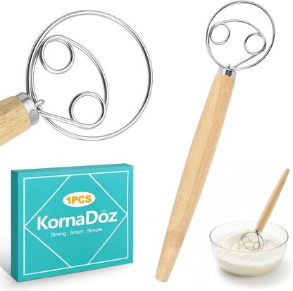 Danish Dough Whisk - Stainless Steel Hand Mixer with Wooden Handle, Essential Baking Tool for Sourdough, Artisan Bread & Pastry Dough