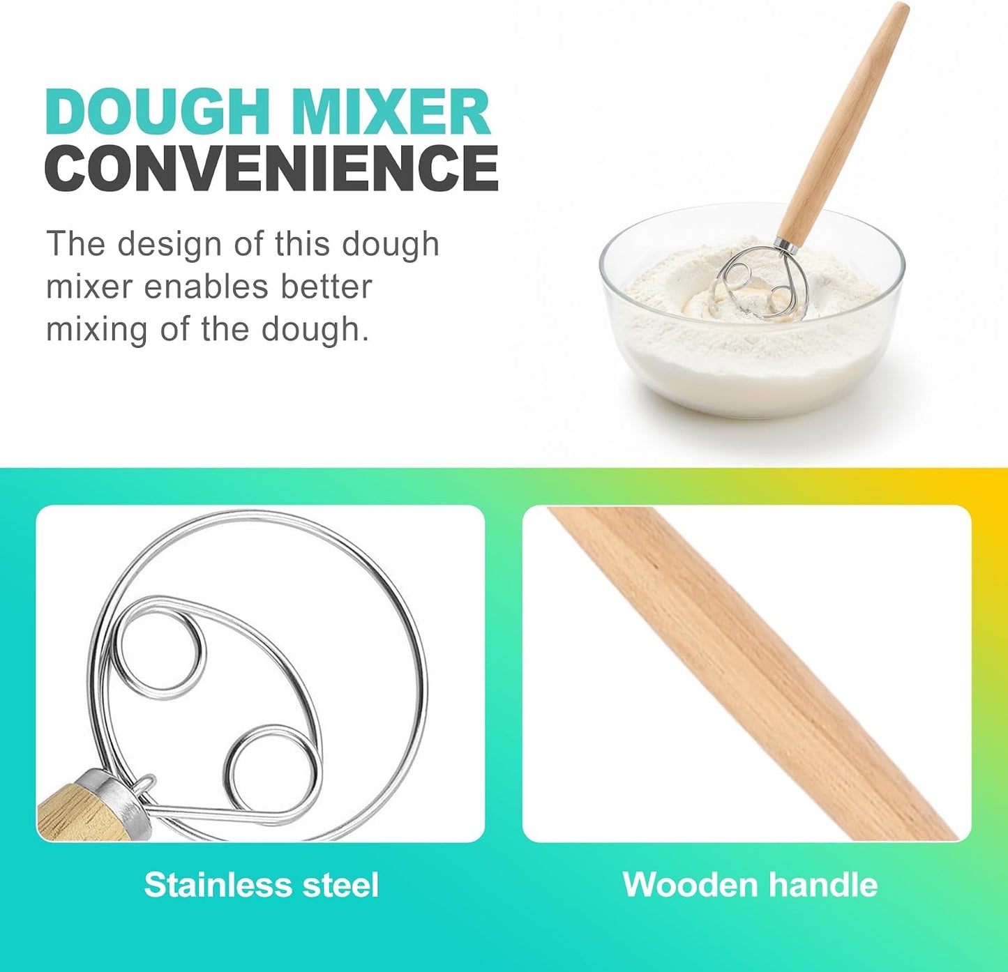 Danish Dough Whisk - Stainless Steel Hand Mixer with Wooden Handle, Essential Baking Tool for Sourdough, Artisan Bread & Pastry Dough