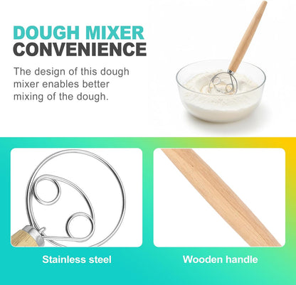 Danish Dough Whisk - Stainless Steel Hand Mixer with Wooden Handle, Essential Baking Tool for Sourdough, Artisan Bread & Pastry Dough