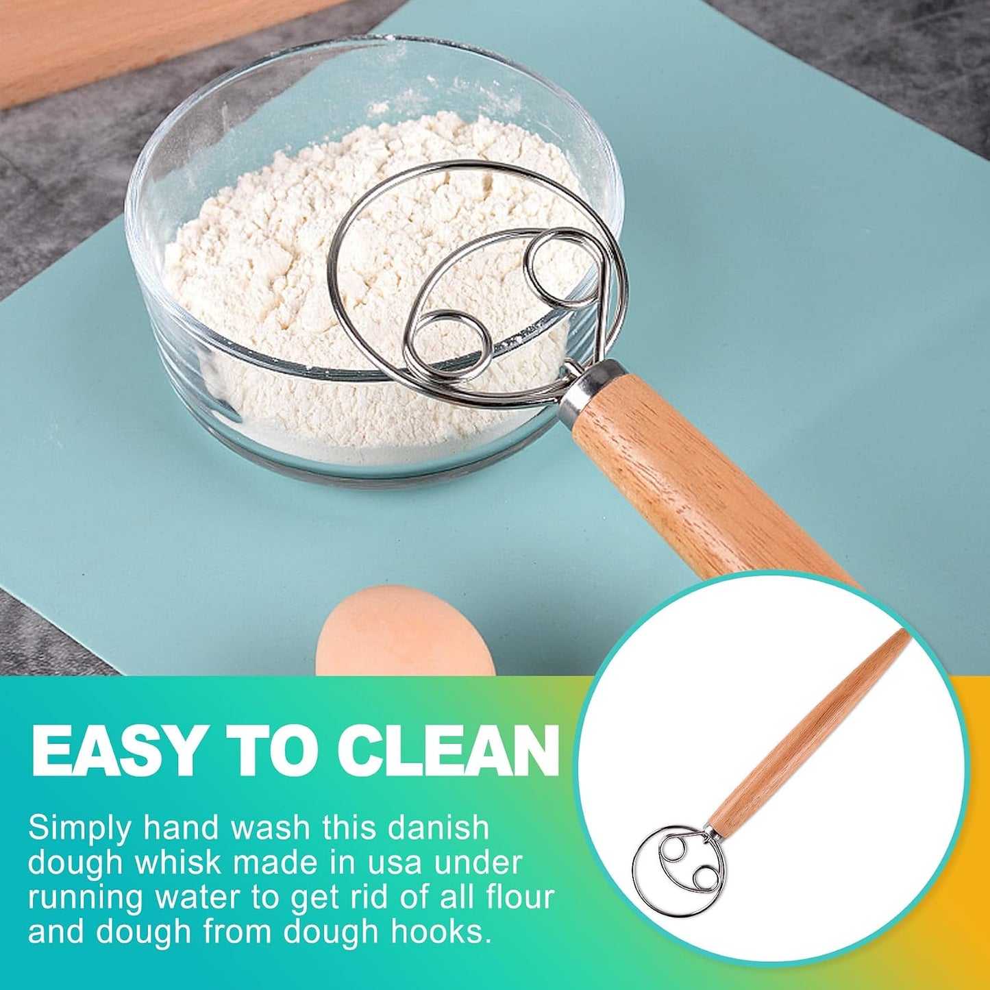 Danish Dough Whisk - Stainless Steel Hand Mixer with Wooden Handle, Essential Baking Tool for Sourdough, Artisan Bread & Pastry Dough