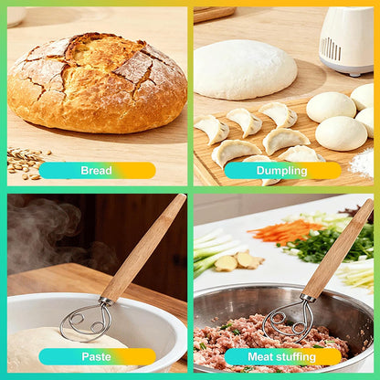 Danish Dough Whisk - Stainless Steel Hand Mixer with Wooden Handle, Essential Baking Tool for Sourdough, Artisan Bread & Pastry Dough