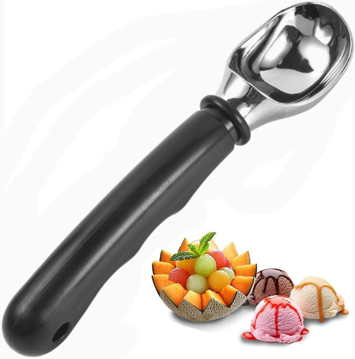 Ice Cream Scoops Melon Spoon Stainless Steel Scoop Heavy Duty Sturdy Melon Ballers Safe Ball Spooners with Rubber Handle Dishwasher, Black
