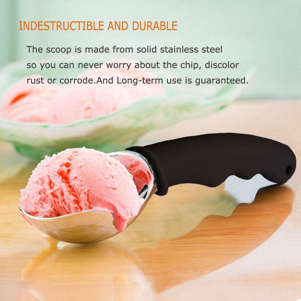 Ice Cream Scoops Melon Spoon Stainless Steel Scoop Heavy Duty Sturdy Melon Ballers Safe Ball Spooners with Rubber Handle Dishwasher, Black