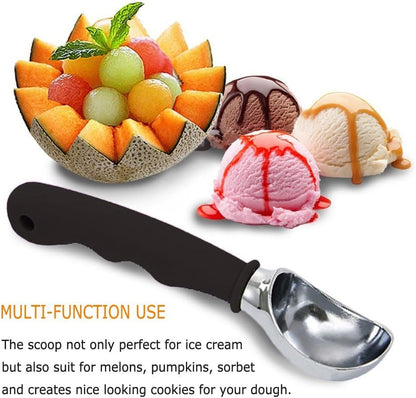 Ice Cream Scoops Melon Spoon Stainless Steel Scoop Heavy Duty Sturdy Melon Ballers Safe Ball Spooners with Rubber Handle Dishwasher, Black