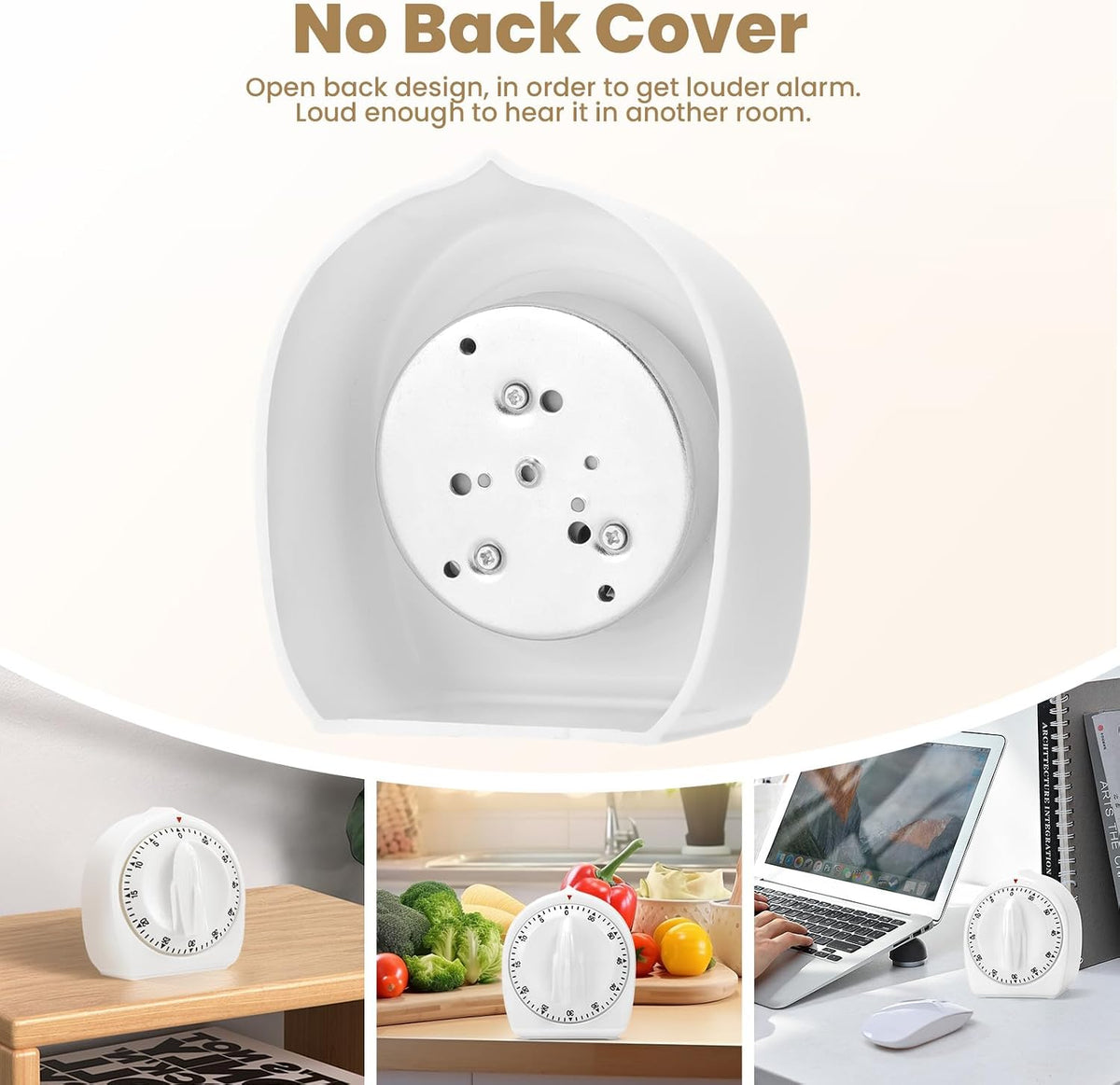 Kitchen Timers for Cooking, 60 Minute Wind Up - Chef Cooking Timer with Loud Alarm,100% Mechanical Desk Timer -No Batteries Required - Manual Countdown timers for Home, Study and Cooking (White)