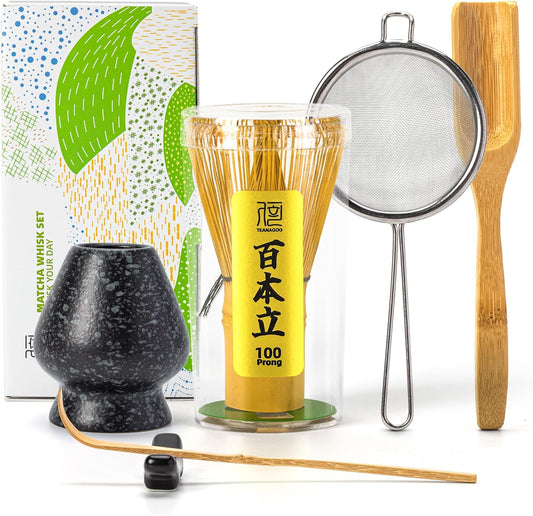 Matcha Whisk Set,Bamboo Matcha Whisk (100 prongs) with Black Holder,6-PCS Traditional Starter Set,Scoop (Chashaku),Bamboo Chasen for Making Latte,Ceremony Accessory,Gife for Friend/Family