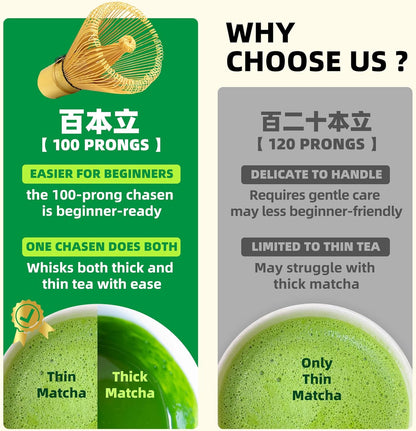 Matcha Whisk Set,Bamboo Matcha Whisk (100 prongs) with Black Holder,6-PCS Traditional Starter Set,Scoop (Chashaku),Bamboo Chasen for Making Latte,Ceremony Accessory,Gife for Friend/Family