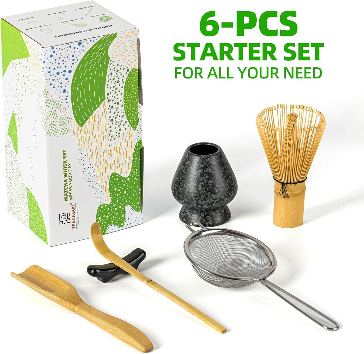 Matcha Whisk Set,Bamboo Matcha Whisk (100 prongs) with Black Holder,6-PCS Traditional Starter Set,Scoop (Chashaku),Bamboo Chasen for Making Latte,Ceremony Accessory,Gife for Friend/Family