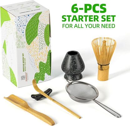 Matcha Whisk Set,Bamboo Matcha Whisk (100 prongs) with Black Holder,6-PCS Traditional Starter Set,Scoop (Chashaku),Bamboo Chasen for Making Latte,Ceremony Accessory,Gife for Friend/Family