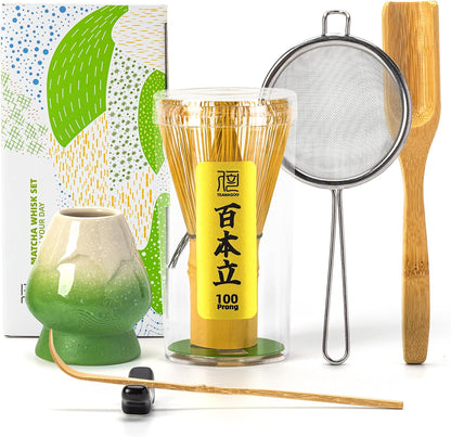 Matcha Whisk Set,Bamboo Matcha Whisk (100 prongs) with Black Holder,6-PCS Traditional Starter Set,Scoop (Chashaku),Bamboo Chasen for Making Latte,Ceremony Accessory,Gife for Friend/Family