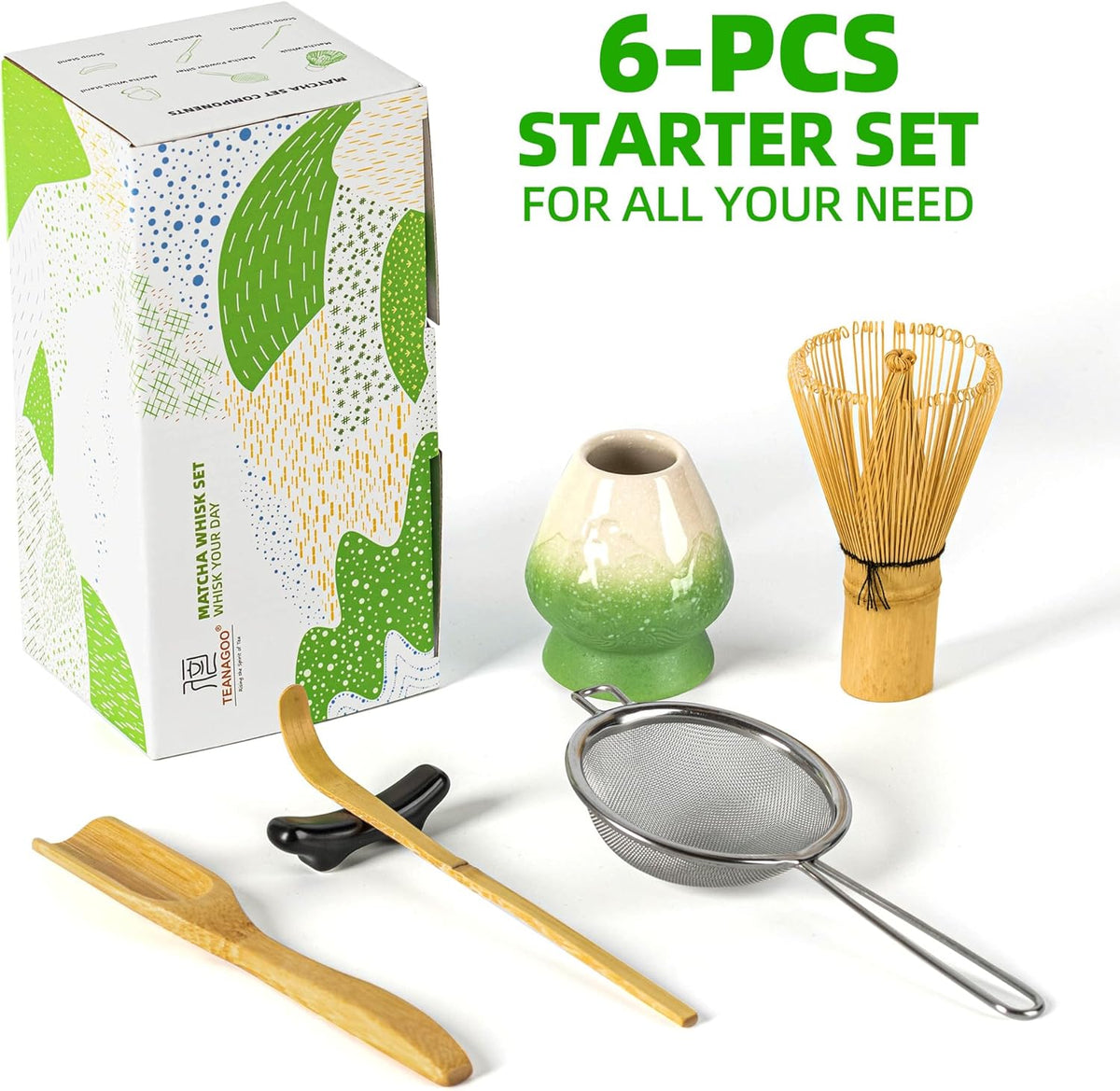 Matcha Whisk Set,Bamboo Matcha Whisk (100 prongs) with Black Holder,6-PCS Traditional Starter Set,Scoop (Chashaku),Bamboo Chasen for Making Latte,Ceremony Accessory,Gife for Friend/Family