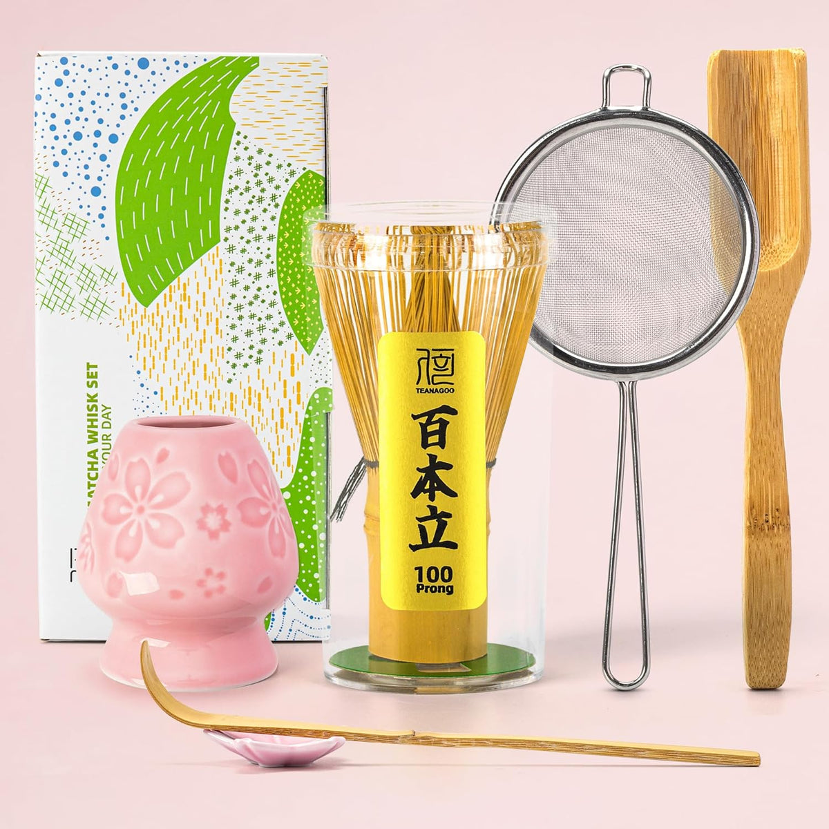 Matcha Whisk Set,Bamboo Matcha Whisk (100 prongs) with Black Holder,6-PCS Traditional Starter Set,Scoop (Chashaku),Bamboo Chasen for Making Latte,Ceremony Accessory,Gife for Friend/Family