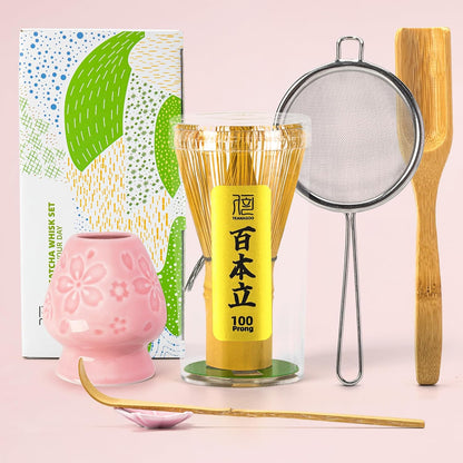 Matcha Whisk Set,Bamboo Matcha Whisk (100 prongs) with Black Holder,6-PCS Traditional Starter Set,Scoop (Chashaku),Bamboo Chasen for Making Latte,Ceremony Accessory,Gife for Friend/Family