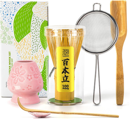 Matcha Whisk Set,Bamboo Matcha Whisk (100 prongs) with Black Holder,6-PCS Traditional Starter Set,Scoop (Chashaku),Bamboo Chasen for Making Latte,Ceremony Accessory,Gife for Friend/Family