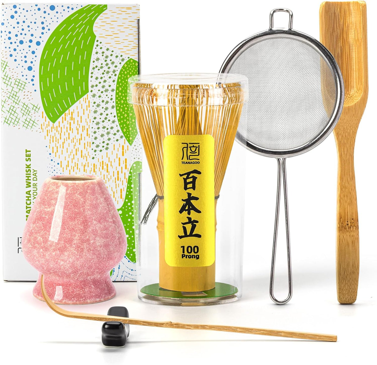 Matcha Whisk Set,Bamboo Matcha Whisk (100 prongs) with Black Holder,6-PCS Traditional Starter Set,Scoop (Chashaku),Bamboo Chasen for Making Latte,Ceremony Accessory,Gife for Friend/Family