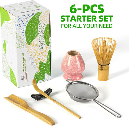 Matcha Whisk Set,Bamboo Matcha Whisk (100 prongs) with Black Holder,6-PCS Traditional Starter Set,Scoop (Chashaku),Bamboo Chasen for Making Latte,Ceremony Accessory,Gife for Friend/Family