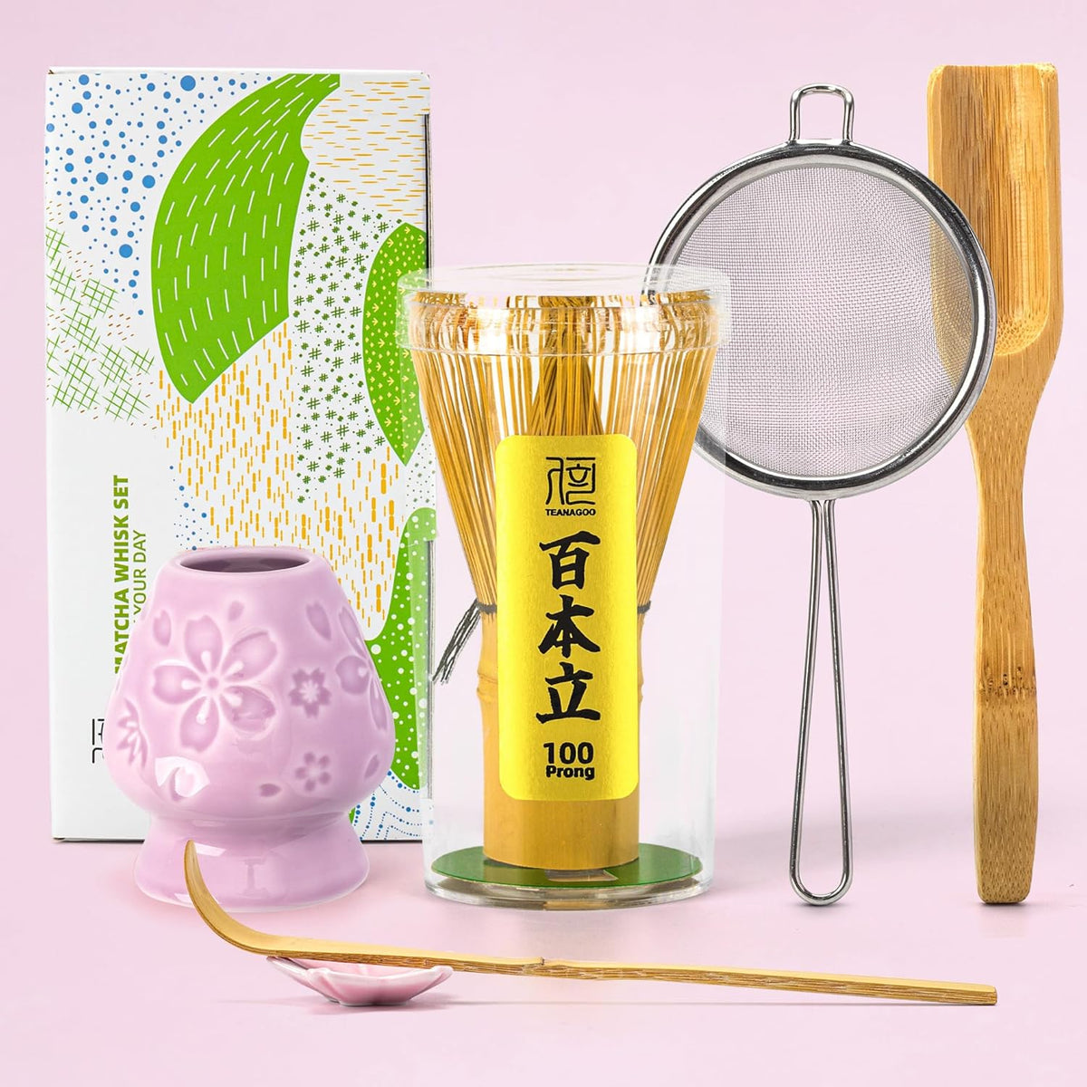 Matcha Whisk Set,Bamboo Matcha Whisk (100 prongs) with Black Holder,6-PCS Traditional Starter Set,Scoop (Chashaku),Bamboo Chasen for Making Latte,Ceremony Accessory,Gife for Friend/Family