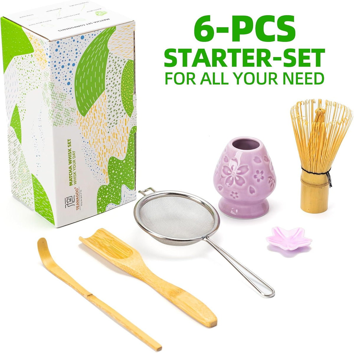 Matcha Whisk Set,Bamboo Matcha Whisk (100 prongs) with Black Holder,6-PCS Traditional Starter Set,Scoop (Chashaku),Bamboo Chasen for Making Latte,Ceremony Accessory,Gife for Friend/Family