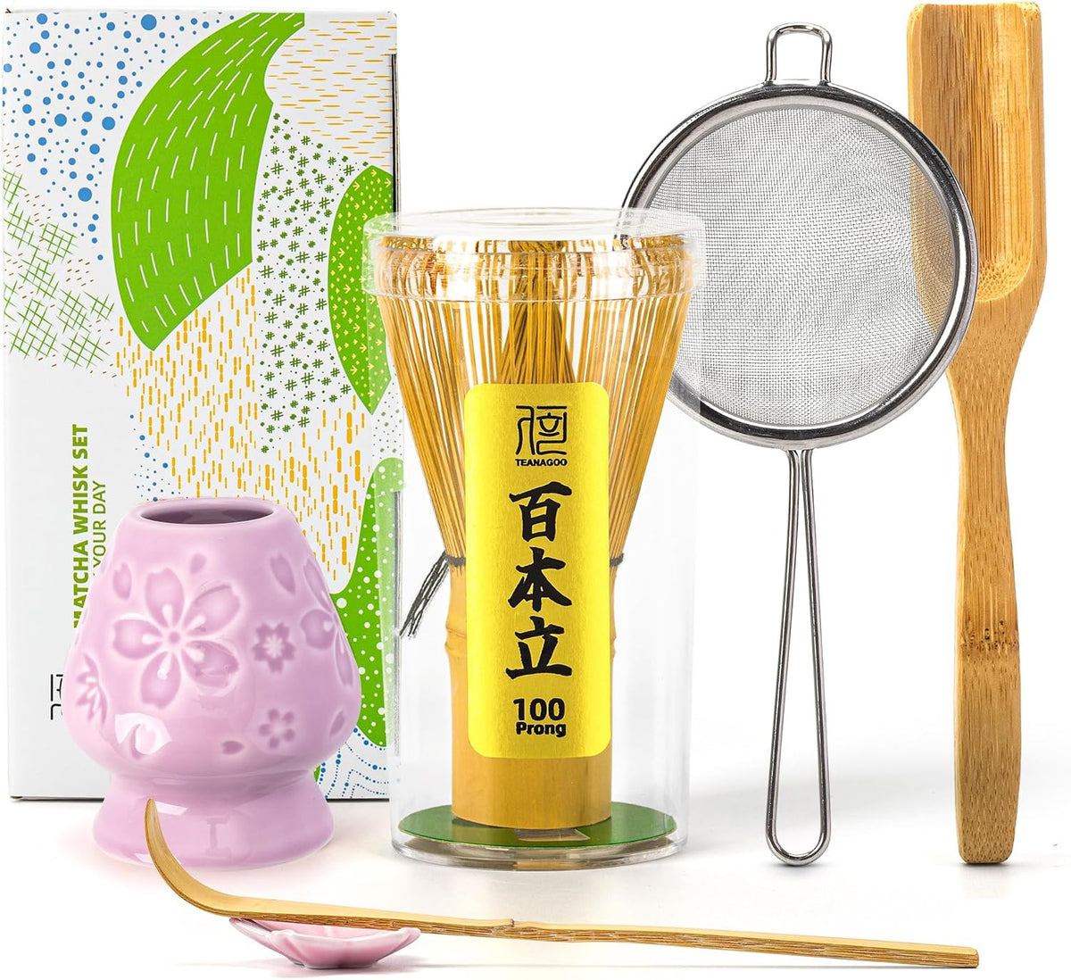 Matcha Whisk Set,Bamboo Matcha Whisk (100 prongs) with Black Holder,6-PCS Traditional Starter Set,Scoop (Chashaku),Bamboo Chasen for Making Latte,Ceremony Accessory,Gife for Friend/Family