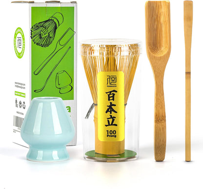 Matcha Whisk Set,Bamboo Matcha Whisk (100 prongs) with Black Holder,6-PCS Traditional Starter Set,Scoop (Chashaku),Bamboo Chasen for Making Latte,Ceremony Accessory,Gife for Friend/Family