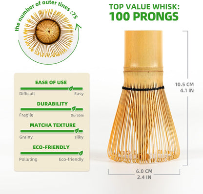 Matcha Whisk Set,Bamboo Matcha Whisk (100 prongs) with Black Holder,6-PCS Traditional Starter Set,Scoop (Chashaku),Bamboo Chasen for Making Latte,Ceremony Accessory,Gife for Friend/Family