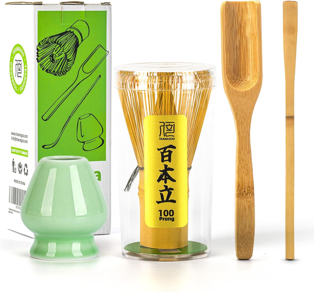 Matcha Whisk Set,Bamboo Matcha Whisk (100 prongs) with Black Holder,6-PCS Traditional Starter Set,Scoop (Chashaku),Bamboo Chasen for Making Latte,Ceremony Accessory,Gife for Friend/Family