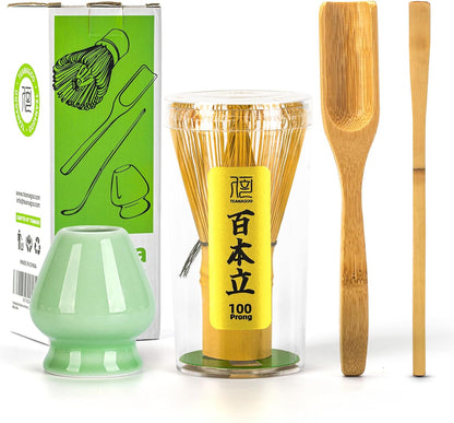 Matcha Whisk Set,Bamboo Matcha Whisk (100 prongs) with Black Holder,6-PCS Traditional Starter Set,Scoop (Chashaku),Bamboo Chasen for Making Latte,Ceremony Accessory,Gife for Friend/Family