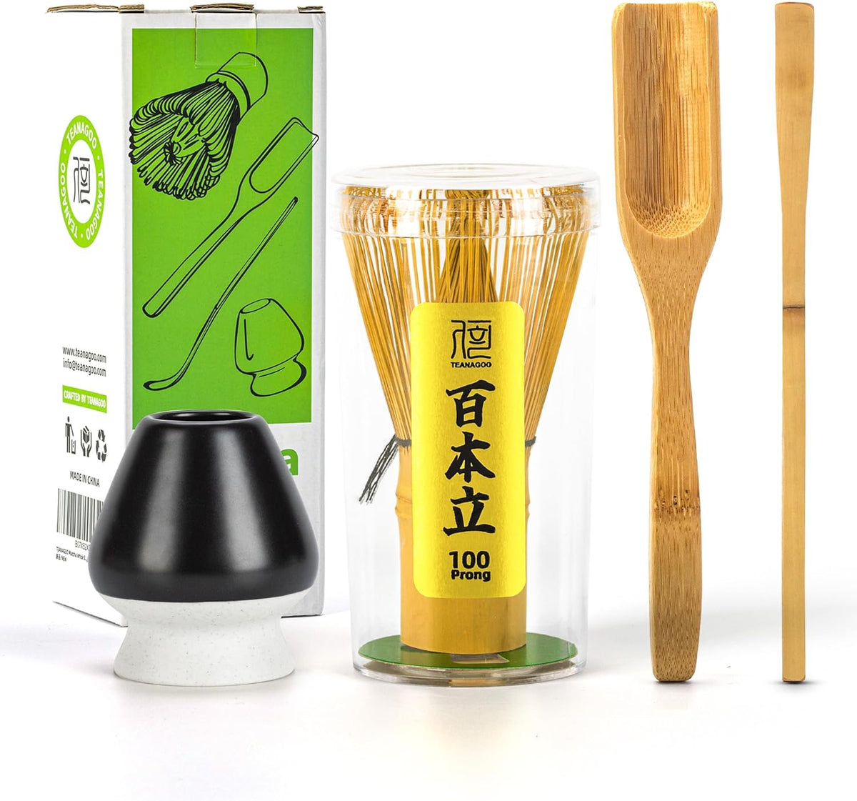 Matcha Whisk Set,Bamboo Matcha Whisk (100 prongs) with Black Holder,6-PCS Traditional Starter Set,Scoop (Chashaku),Bamboo Chasen for Making Latte,Ceremony Accessory,Gife for Friend/Family