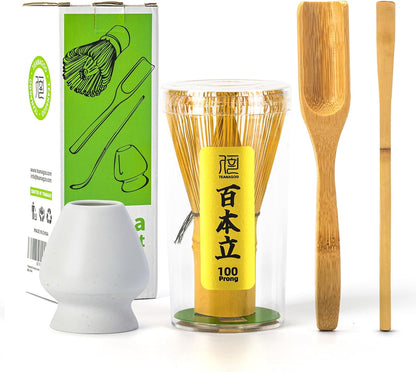 Matcha Whisk Set,Bamboo Matcha Whisk (100 prongs) with Black Holder,6-PCS Traditional Starter Set,Scoop (Chashaku),Bamboo Chasen for Making Latte,Ceremony Accessory,Gife for Friend/Family
