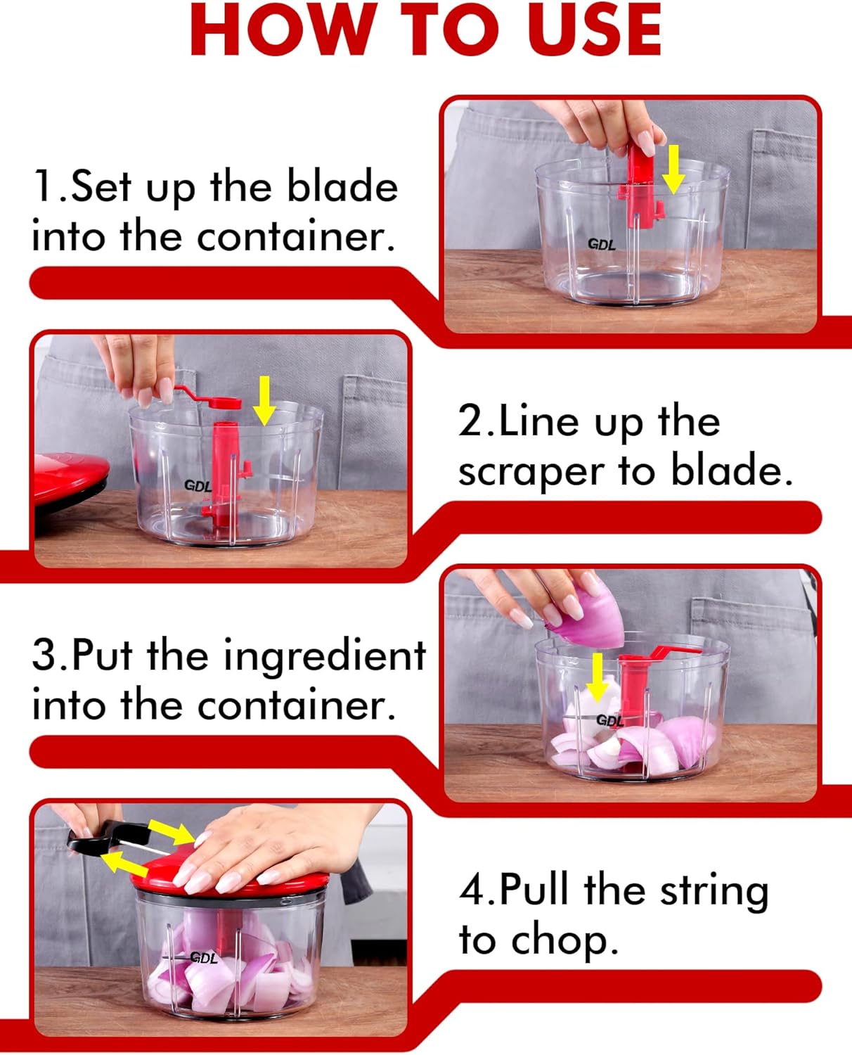 Food Chopper, Vegetable Chopper, Pull String Onion Chopper Dicer, 800ML | Manual Chopper Dicer for Oinon, Garlic, Nut, 420 Stainless Steel Blade, Dishwasher Safe, Fast Cutting, Anti-Slip Base, No BPA