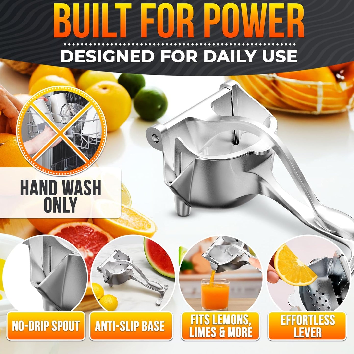 Hand Juicer Squeezer - Gets Every Last Drop Fast - Manual Juicer Hand Press for Lemon, Orange, Lime, Grapefruit and Pomegranate | 20 oz Aluminum Bowl, Pour Spout, Lemon Squeezer with Ergonomic Handle