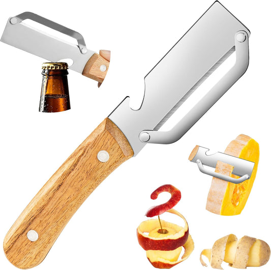Multifunctional Vegetable Peeler, 2-in-1 kitchen peeler equipped with bottle opener, Zero Snag Wooden Kitchen Tool, Stainless Steel Peelers for Kitchen, Suitable for Fruits and Vegetables (1PCS)
