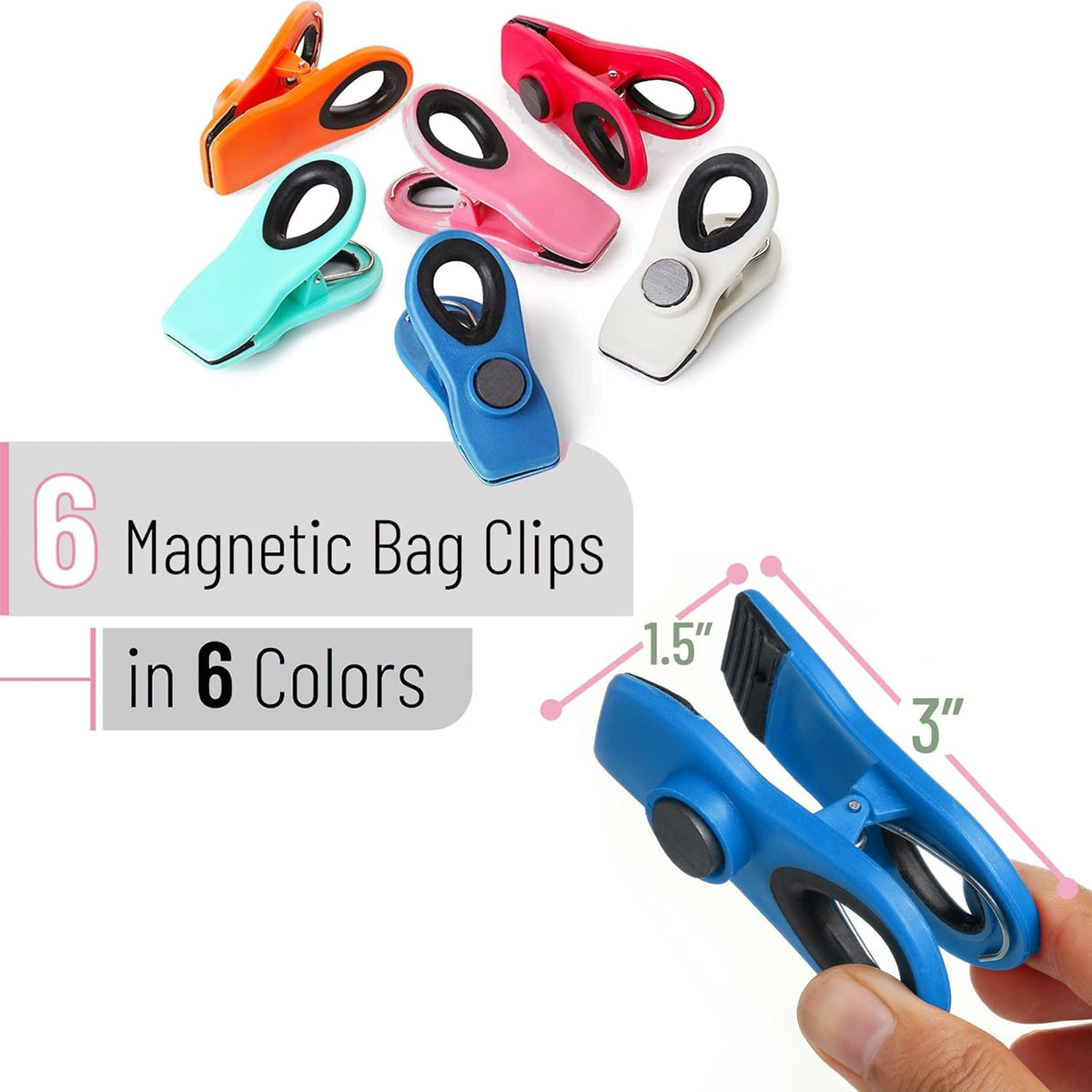 Magnetic Chip Clips, 6 Pack, Airtight Seal | Reusable Bag Closers for Food Storage, Snacks, Bread & Kitchen Organization, Strong Plastic Clips for Refrigerator Use