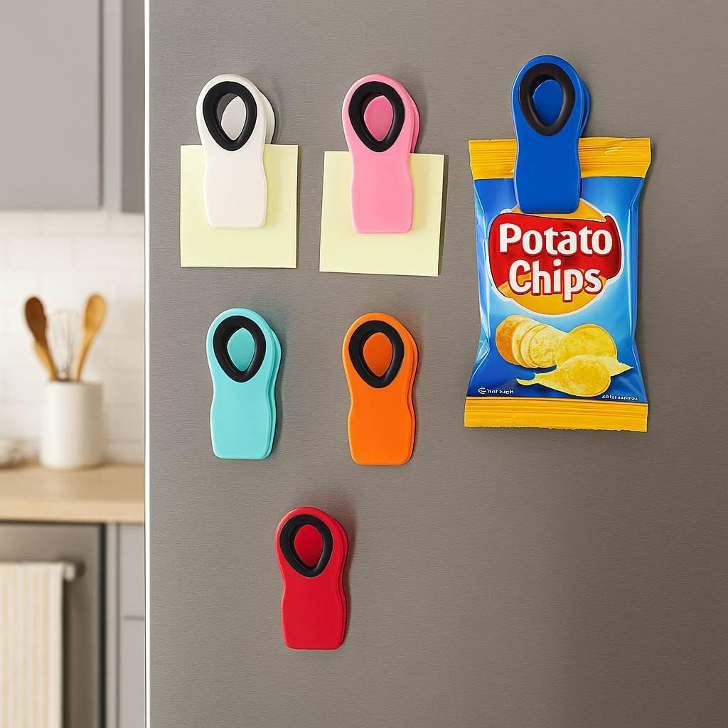 Magnetic Chip Clips, 6 Pack, Airtight Seal | Reusable Bag Closers for Food Storage, Snacks, Bread & Kitchen Organization, Strong Plastic Clips for Refrigerator Use
