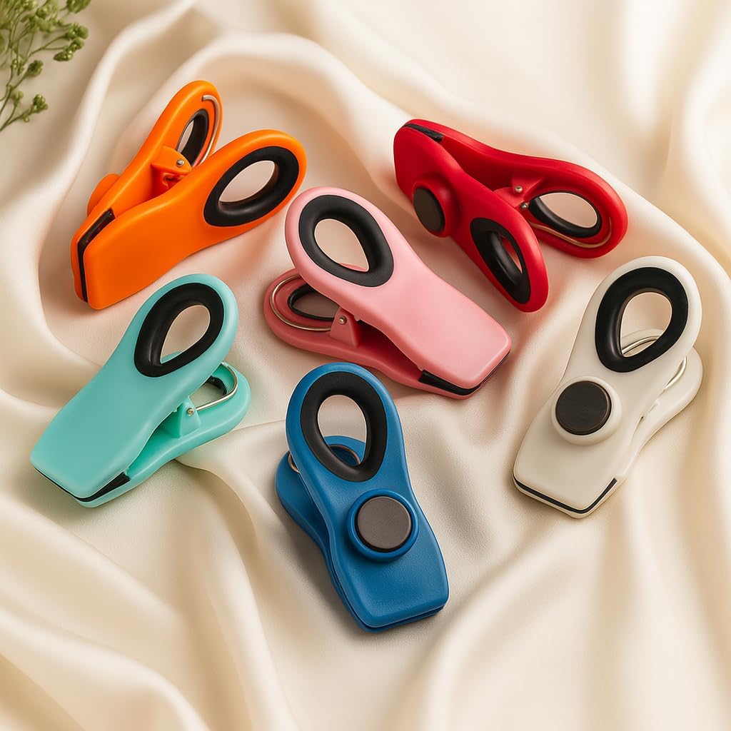 Magnetic Chip Clips, 6 Pack, Airtight Seal | Reusable Bag Closers for Food Storage, Snacks, Bread & Kitchen Organization, Strong Plastic Clips for Refrigerator Use