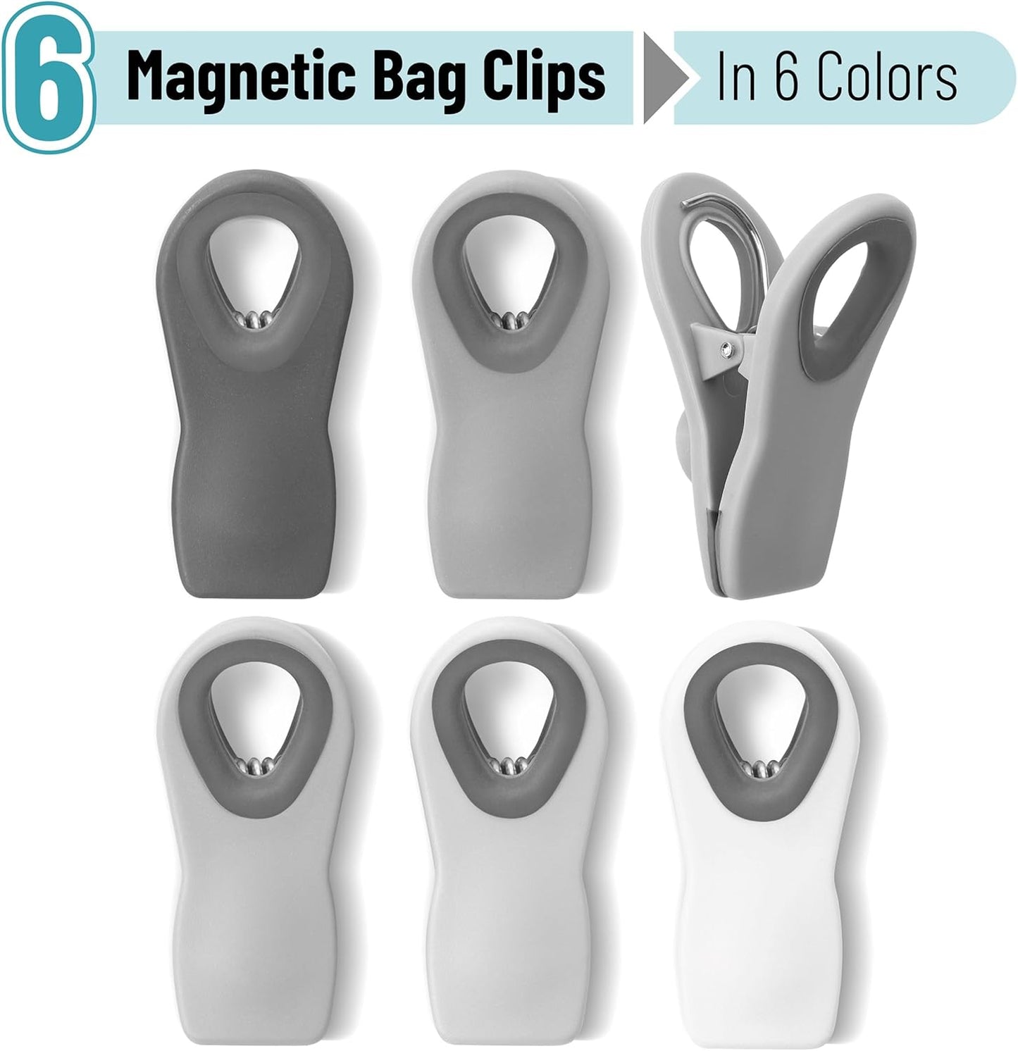 Magnetic Chip Clips, 6 Pack, Airtight Seal | Reusable Bag Closers for Food Storage, Snacks, Bread & Kitchen Organization, Strong Plastic Clips for Refrigerator Use