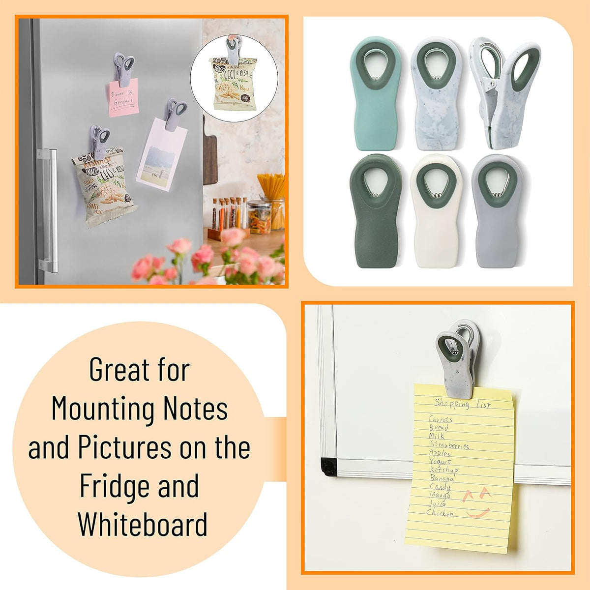 Magnetic Chip Clips, 6 Pack, Airtight Seal | Reusable Bag Closers for Food Storage, Snacks, Bread & Kitchen Organization, Strong Plastic Clips for Refrigerator Use