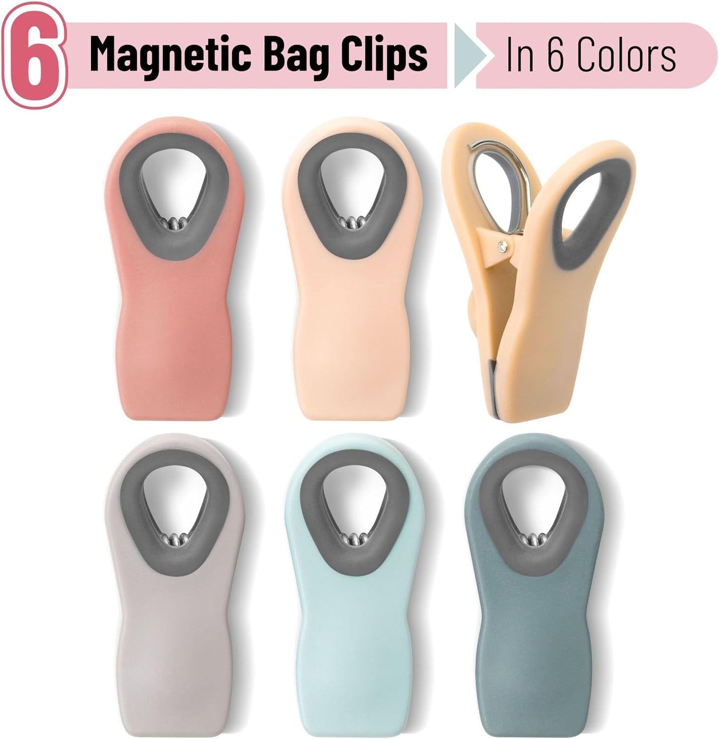 Magnetic Chip Clips, 6 Pack, Airtight Seal | Reusable Bag Closers for Food Storage, Snacks, Bread & Kitchen Organization, Strong Plastic Clips for Refrigerator Use