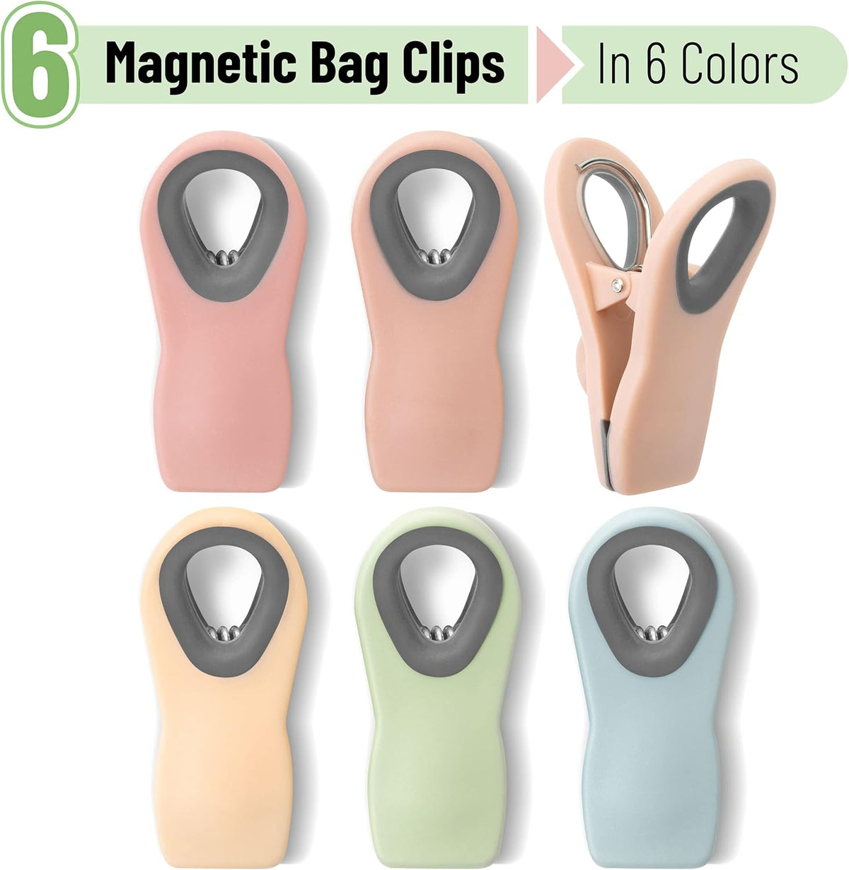 Magnetic Chip Clips, 6 Pack, Airtight Seal | Reusable Bag Closers for Food Storage, Snacks, Bread & Kitchen Organization, Strong Plastic Clips for Refrigerator Use