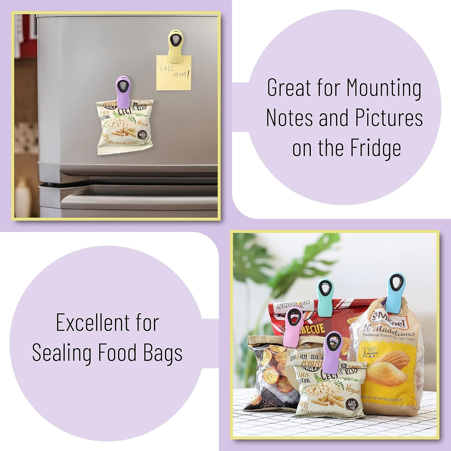Magnetic Chip Clips, 6 Pack, Airtight Seal | Reusable Bag Closers for Food Storage, Snacks, Bread & Kitchen Organization, Strong Plastic Clips for Refrigerator Use