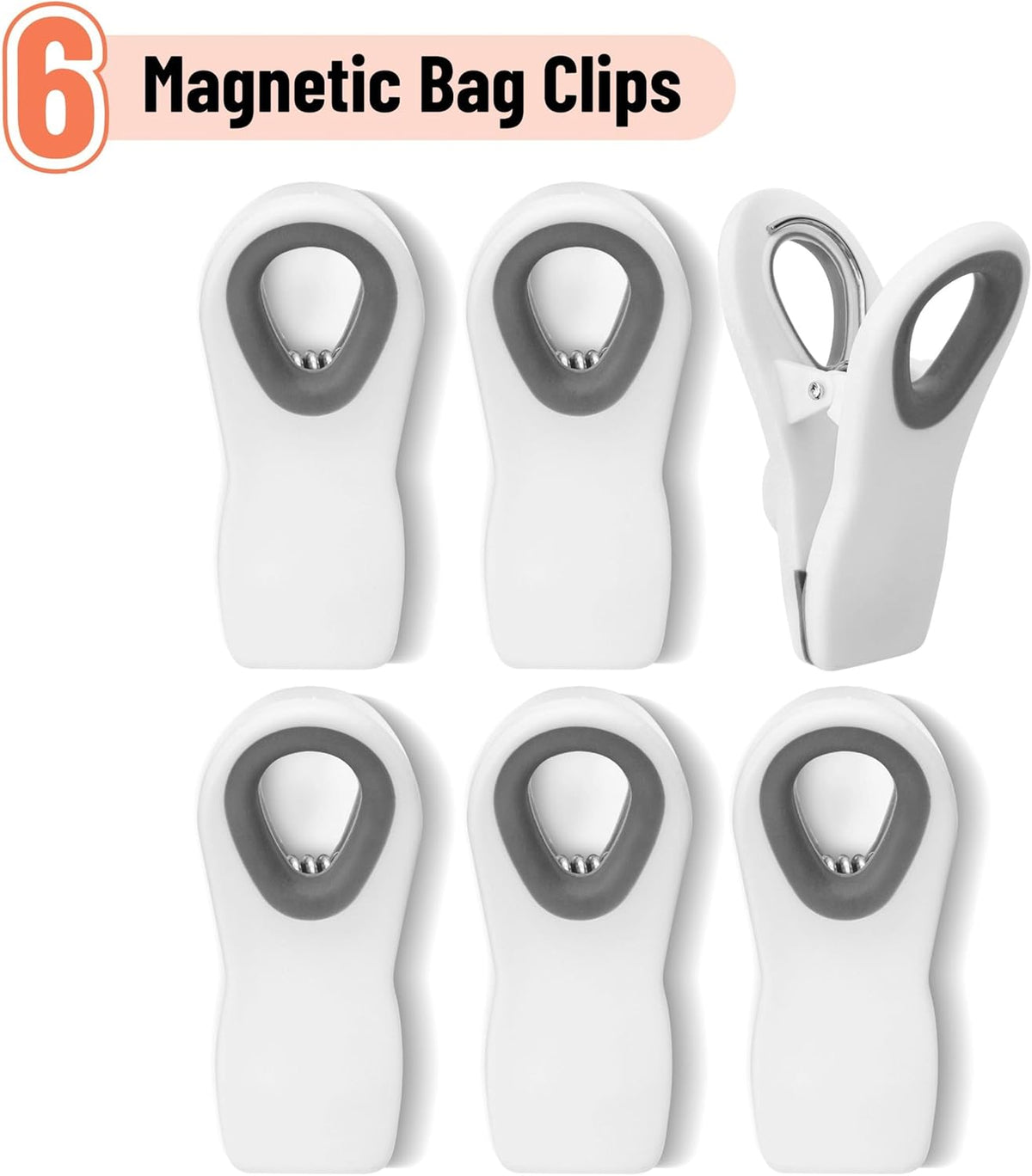Magnetic Chip Clips, 6 Pack, Airtight Seal | Reusable Bag Closers for Food Storage, Snacks, Bread & Kitchen Organization, Strong Plastic Clips for Refrigerator Use