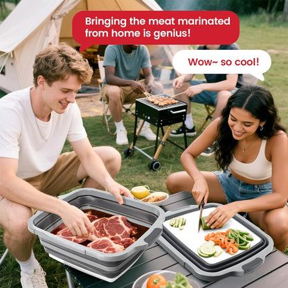 BBQ Prep Tub,16L Collapsible Cutting Board with Locking Lid for BBQ | Foldable Marinating Basin, Leak-Resistant Edges, Space-Saving Storage For Camping,Picnic,Tailgate,RV,Backyard Grilling