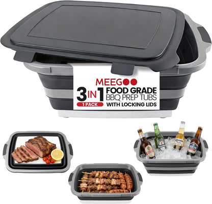 BBQ Prep Tub,16L Collapsible Cutting Board with Locking Lid for BBQ | Foldable Marinating Basin, Leak-Resistant Edges, Space-Saving Storage For Camping,Picnic,Tailgate,RV,Backyard Grilling