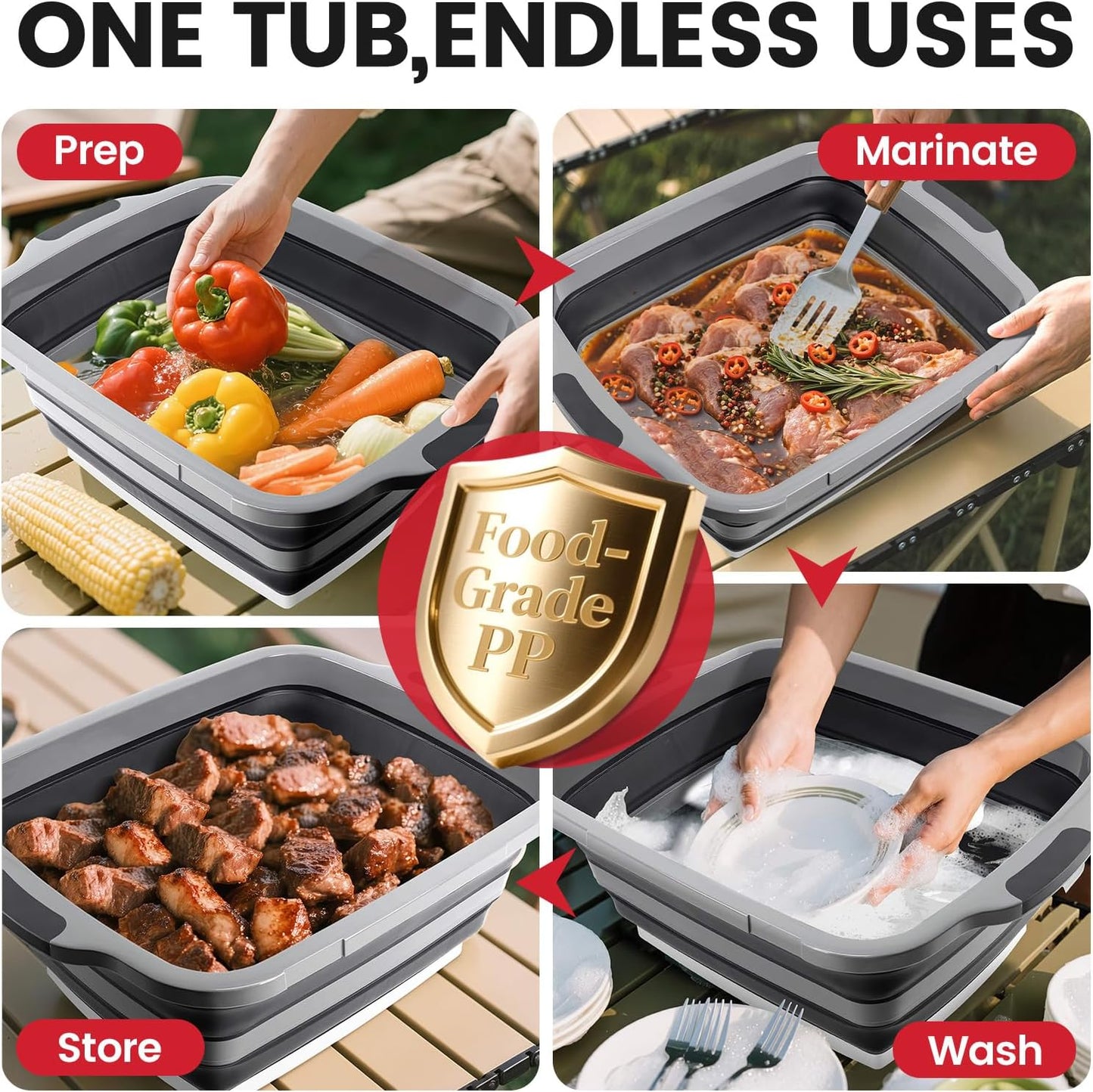 BBQ Prep Tub,16L Collapsible Cutting Board with Locking Lid for BBQ | Foldable Marinating Basin, Leak-Resistant Edges, Space-Saving Storage For Camping,Picnic,Tailgate,RV,Backyard Grilling