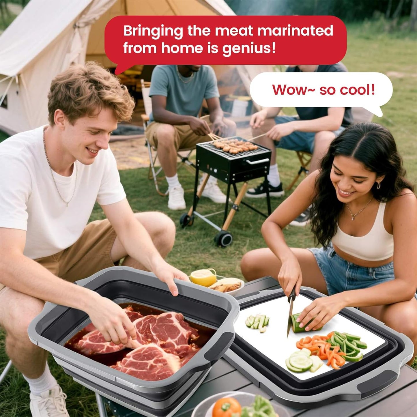 BBQ Prep Tub,16L Collapsible Cutting Board with Locking Lid for BBQ | Foldable Marinating Basin, Leak-Resistant Edges, Space-Saving Storage For Camping,Picnic,Tailgate,RV,Backyard Grilling